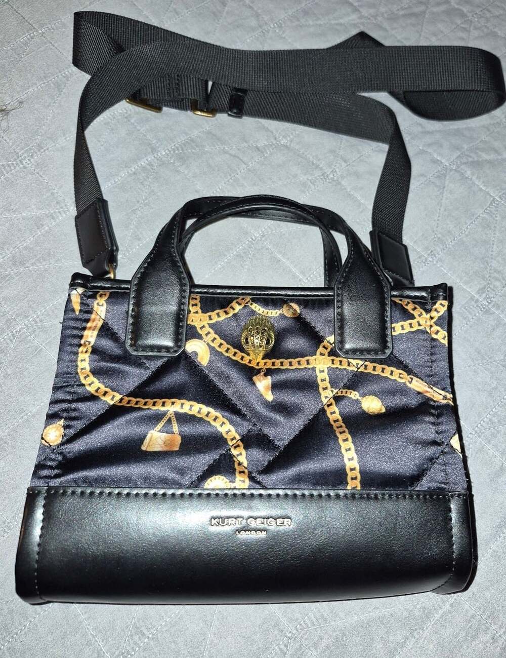 Kurt Geiger London Quilted Chain Print Satin Mini Tote Crossbody Bag